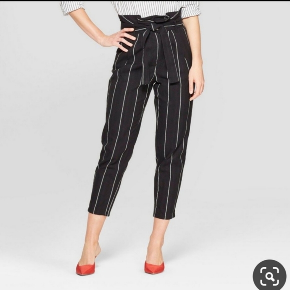 Who What Wear Cotton Linen Paper Bag Crop Striped Pants Black White Size 10 - Picture 9 of 9